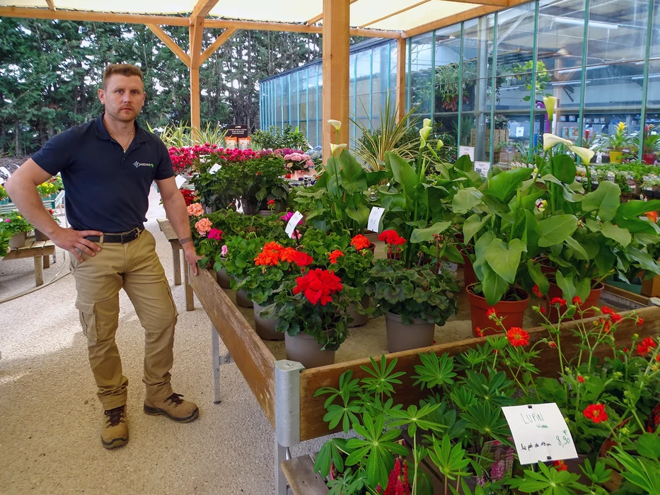 Scène extérieure urbaine avec agrumes miniatures en pots décoratifs blancs